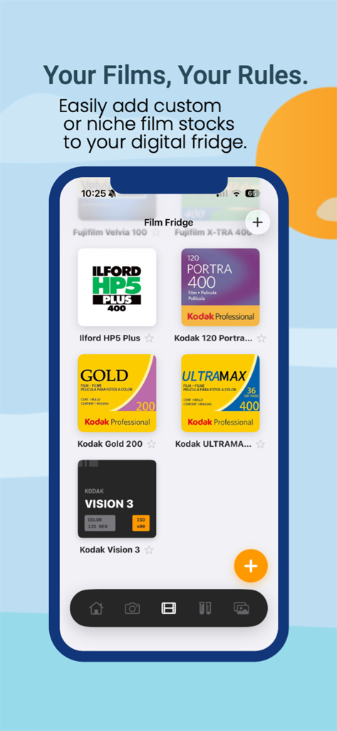 Folio - Analog Film Tracker - Una captura de pantalla de la aplicación móvil que muestra una colección digital de varias películas analógicas como Kodak e Ilford en una función llamada Film Fridge