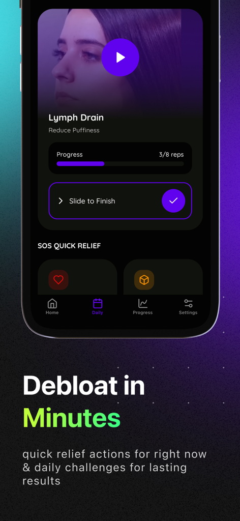 SweetCut: Stop Sugar & Debloat - SweetCut app interface showing lymph drain exercises to reduce puffiness and debloat.