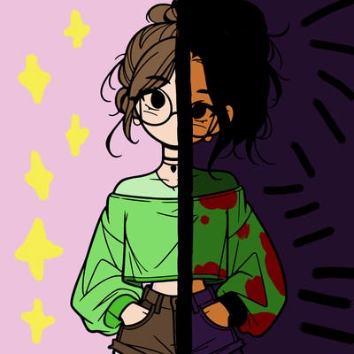 girl with a messy ponytail glasses a baggy crop top and jean shorts