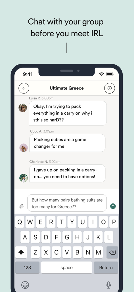 A group chat interface in the EF Ultimate Break app where travelers discuss packing for a trip to Greece.