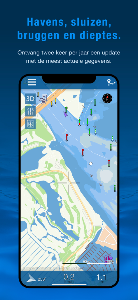 Vaarkaart Nederland - Vaarkaart Nederland App-Oberfläche zeigt eine detaillierte Seekarte mit Wassertiefen und Navigationsmarkierungen.