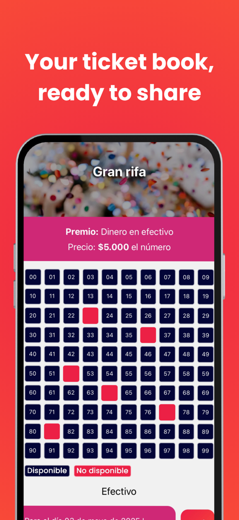 Me Rifan - Interfaz de la aplicación Me Rifan mostrando una cuadrícula de talonarios de rifa con números disponibles y vendidos