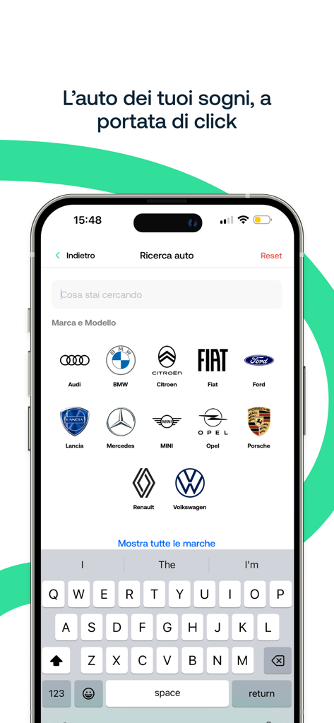 Ecrã de smartphone mostrando a interface de pesquisa de marcas de carros da aplicação AutoSuperMarket com logótipos como Fiat, BMW e Audi.