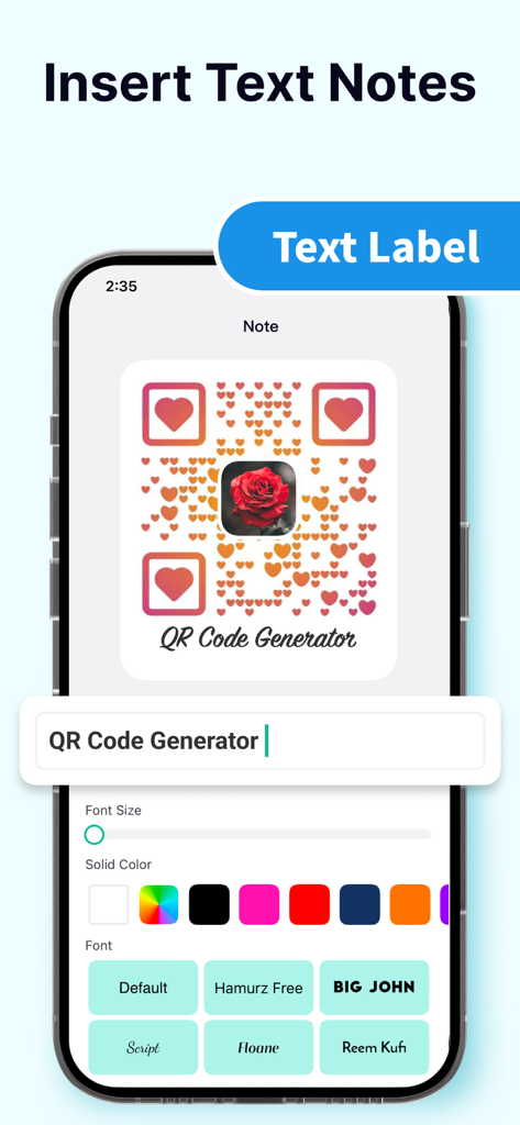 QR-Code Generator & QR Maker - Interfaccia dell'app mobile che mostra come inserire e stilizzare etichette di testo sotto un codice QR personalizzato con vari font e colori.
