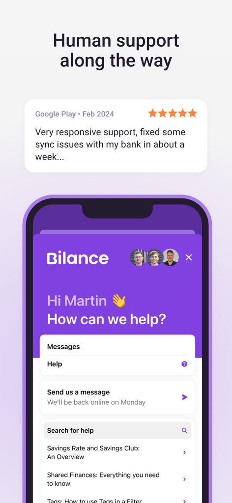Bilance app help center screen showing customer support options and a positive user review.