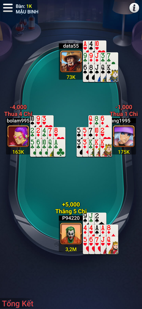 Tiến Lên Offline - Phỏm, Tá Lả - Una captura de pantalla del juego de cartas Mau Binh que muestra a cuatro jugadores y sus cartas en una mesa digital verde