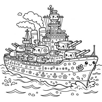 Prepare for an epic yet utterly charming coloring journey with our Kawaii Dreadnoughts page. This unique design combines the might of a battleship with the irresistible cuteness of the Kawaii style, promising hours of creative fun.