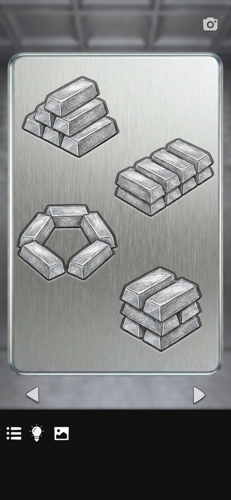 Four different arrangements of silver bars on a metal plate in a puzzle escape game