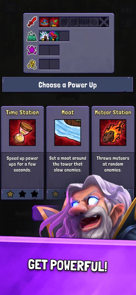 Evil Tower - Idle Defense TD - A screenshot of Evil Tower showing a menu to choose a power up including Time Station Moat and Meteor Station
