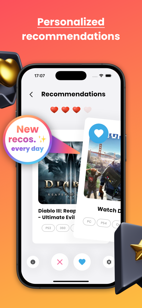 Radion - Video Games - Interface de l'application Radion affichant des recommandations de jeux vidéo quotidiennes personnalisées avec une fonction de découverte par balayage.