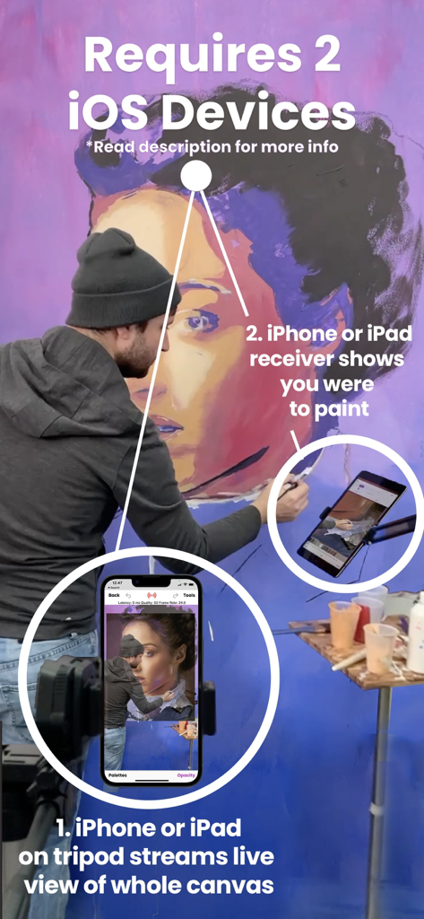 Mural Maker by Da Vinci Eye - Artist using two iOS devices to create a mural with the Mural Maker app
