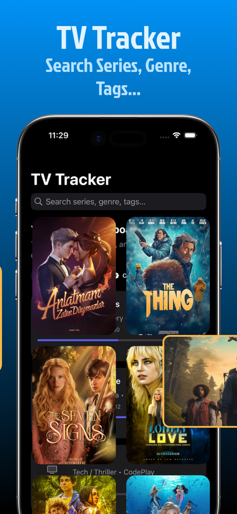 Interface of StarTV Movies and Shows app showing the TV tracker search screen with movie posters