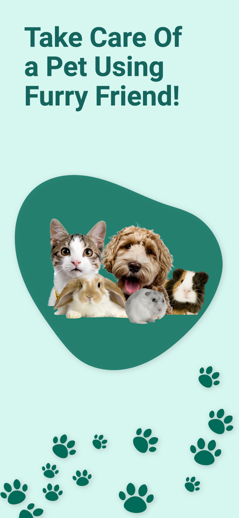 Furry Friend : Pet Care App - Furry Friend app intro screen showing a cat dog rabbit hamster and guinea pig