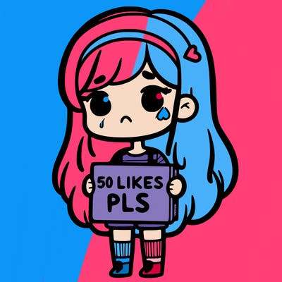 sad girl holding up sign says '50 likes pls'