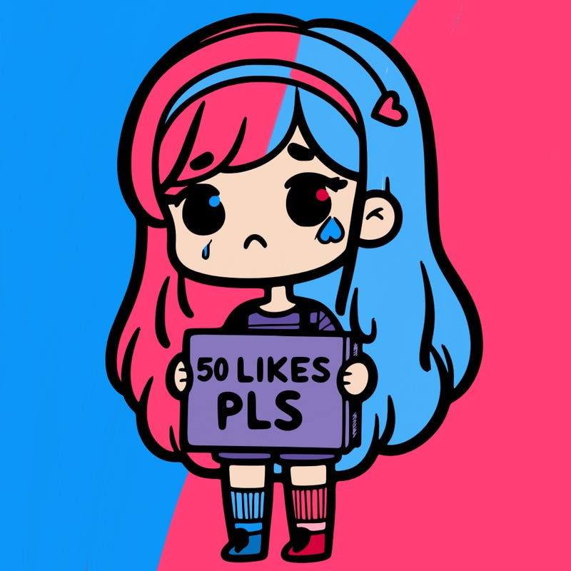 sad girl holding up sign says '50 likes pls'