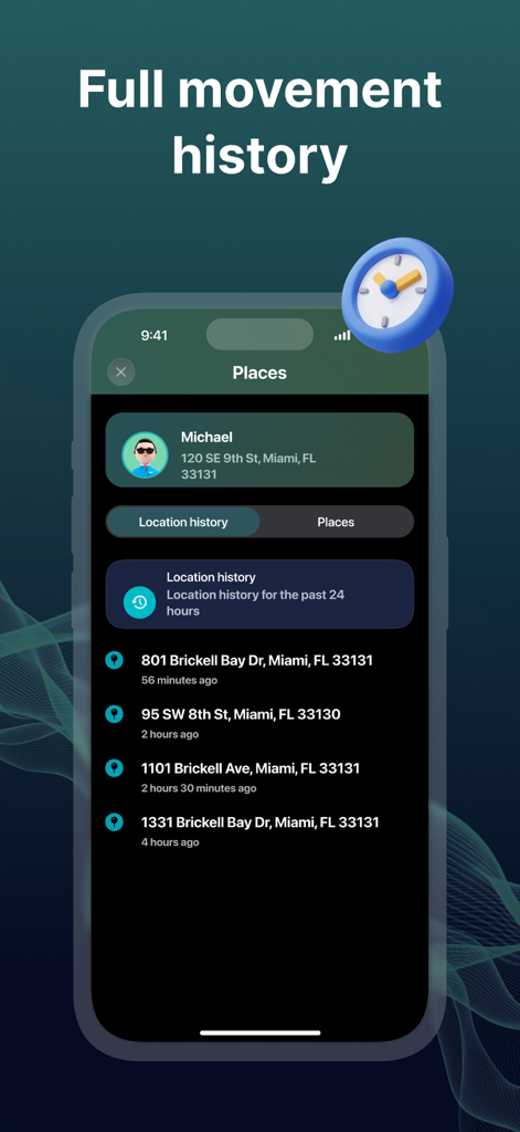 Location Phone Tracker: Ambii - Screenshot of the Ambii app displaying a user profile with a list of visited locations and timestamps under the movement history section