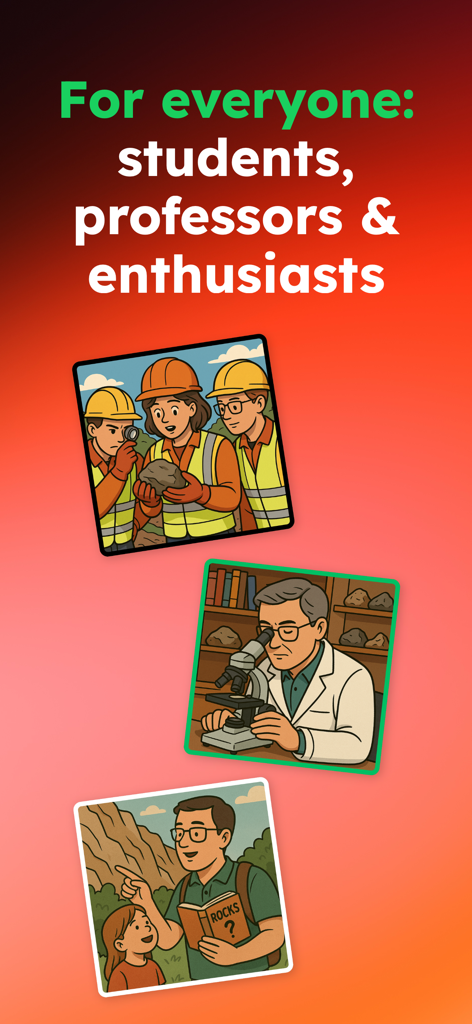 Geology Toolkit: AI Rock ID - Illustrations of students in the field, a professor with a microscope, and a rock enthusiast teaching a child.