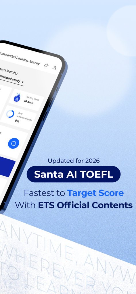 Santa - AI TOEIC - Interface do aplicativo Santa IA TOEFL com conteúdo oficial da ETS para preparação para exames