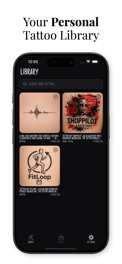 Inko: AI Tattoo Maker, Inklab - Interface of Inko AI Tattoo Maker showing a personal library of generated tattoo designs.