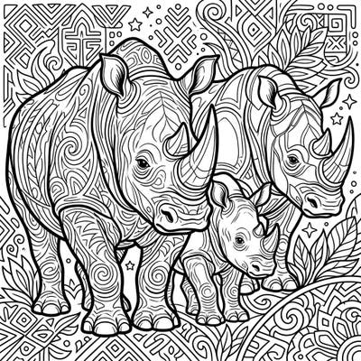Unleash your creativity with this stunning rhinoceros coloring page, specially designed for teens. Explore a majestic rhino family, adorned with intricate patterns and surrounded by a detailed, wild environment.