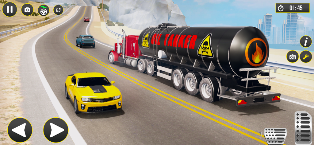 Oil tanker semi truck driving simulation on a scenic highway with 3D graphics