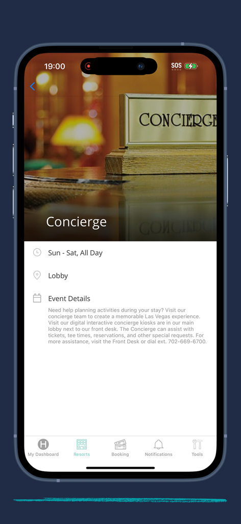 Hilton Grand Vacations mobile app concierge screen showing lobby location service hours and resort activity planning information