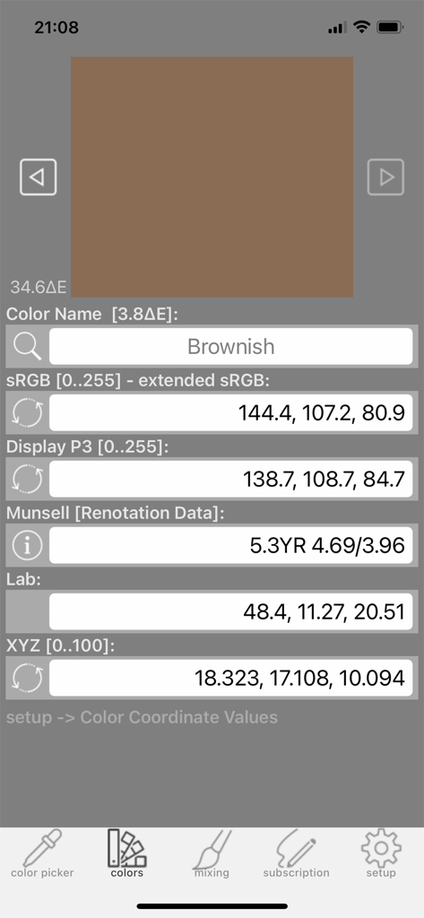 Real Paint mixing tools PRO - Real Paint mixing tools PRO app display of technical color coordinates including sRGB Munsell and Lab for a brownish paint color