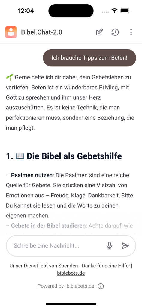 Biblebots - Una pantalla de chat de la aplicación Biblebots mostrando una conversación de IA sobre consejos para la oración y el uso de la Biblia como guía.