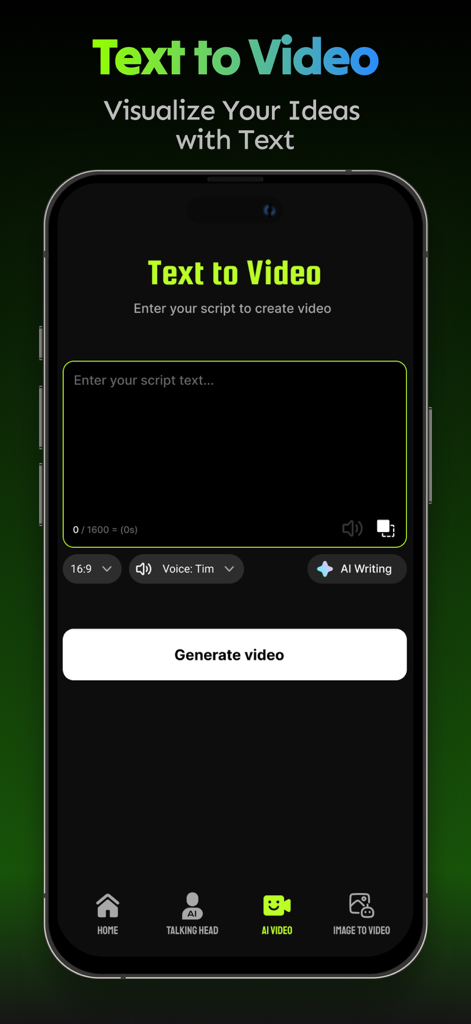 Vidify AI - AI Video Creator - Vidify AI app screen showing the text to video script entry interface with options for voice and ai writing