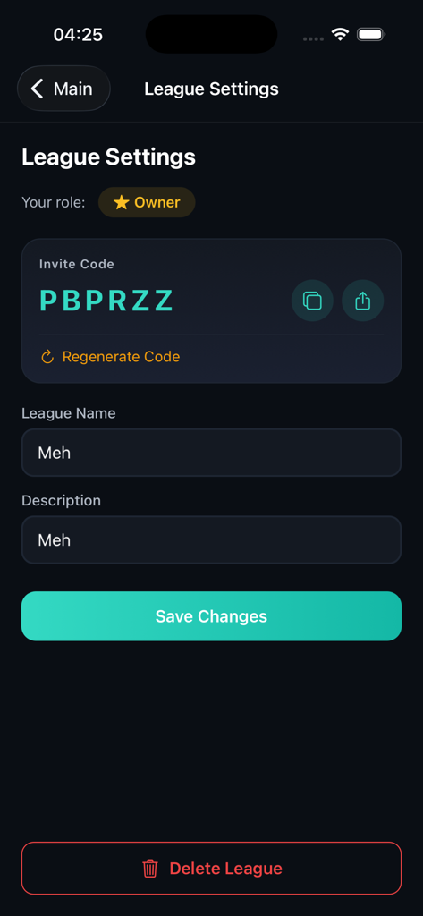 League settings screen showing an invite code and league management options for snooker and pool organizers