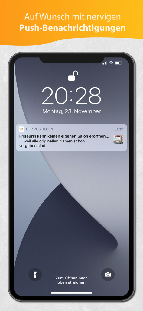 A smartphone screen showing a satirical news push notification from The Postillon app