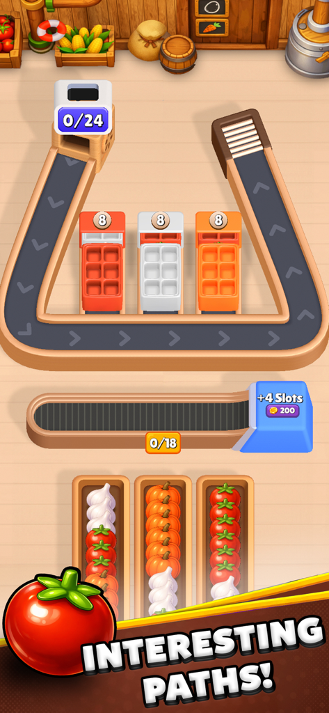 Farm Loop: Harvest Puzzle - Farm Loop Harvest Puzzleのモバイルゲームインターフェース。野菜と食品配送トラックが表示されています。