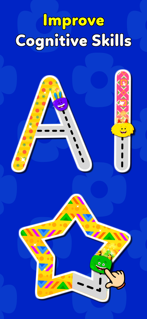 Fun Toddler Games for Kids 3-5 - Uma tela mostrando atividades educativas de traçado para as letras A e I e uma forma de estrela para melhorar as habilidades cognitivas de crianças pequenas