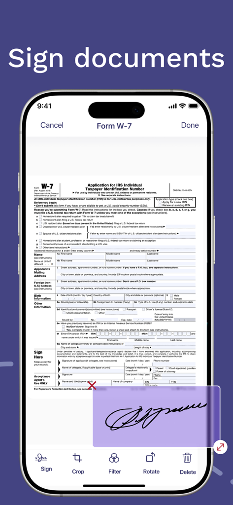 iPhone app interface showing a user signing an IRS document electronically