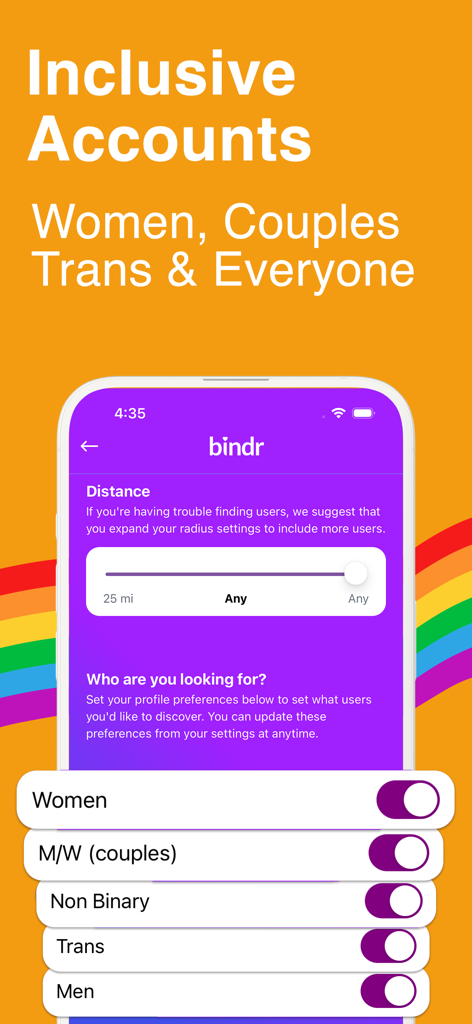 Bindr | Bisexual Dating App - Bindr app interface displaying inclusive search filters for various gender identities and couples against a rainbow background