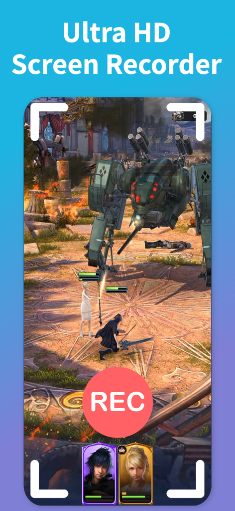 Screenshot of a mobile game being captured using the Ultra HD Screen Recorder app with a prominent red REC button