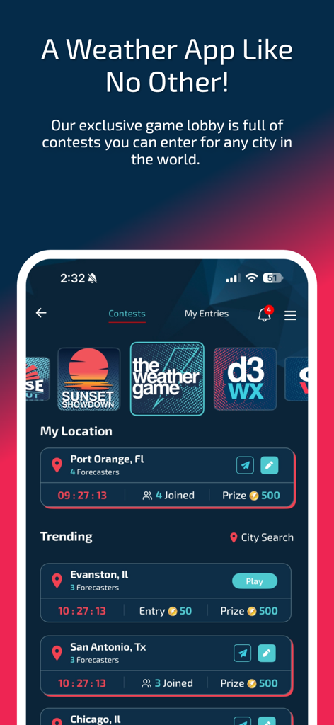 Weather Champs game lobby displaying various weather prediction contests and city leaderboards