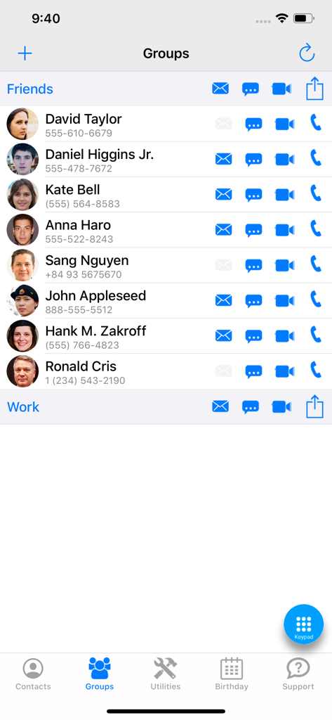 Interfaccia dell'app Contact Pro che mostra liste di contatti organizzate in gruppi come Amici e Lavoro con opzioni di contatto rapido
