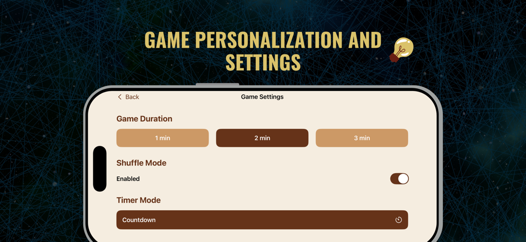 Settings screen for Henyo Word Game showing game duration shuffle mode and timer options