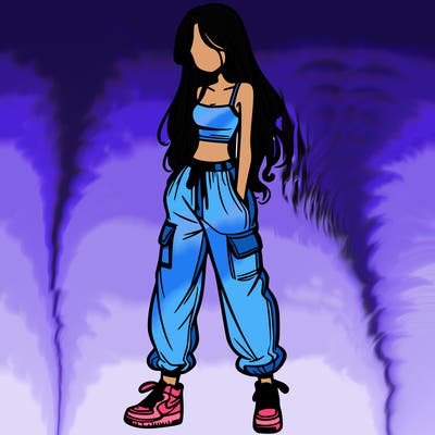 girl in baggy pants crop top and long hair