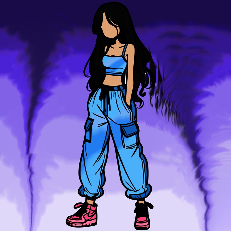 girl in baggy pants crop top and long hair