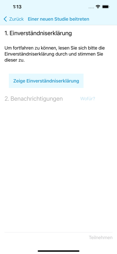 ESMira - Schritt zur informierten Einwilligung in der ESMira-App für Teilnehmer, die an einer neuen Forschungsstudie teilnehmen
