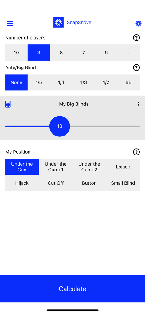 SnapShove Pro - SnapShove Pro Poker-Rechner-Bildschirm mit Optionen für die Anzahl der Spieler, Blinds und Spielerposition.