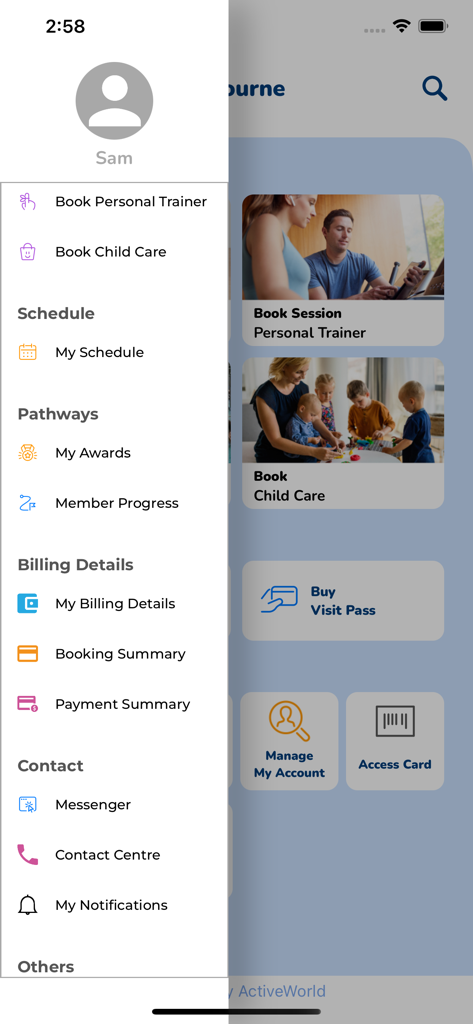 Active World - Active World app side menu featuring options for booking sessions, viewing schedules, and managing billing details.