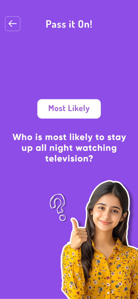 Boom - Fun Party Game - Boom party game interface showing a Most Likely question with a purple background and a smiling young woman.