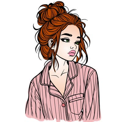 realistic woman with pajamas on and a messy bun