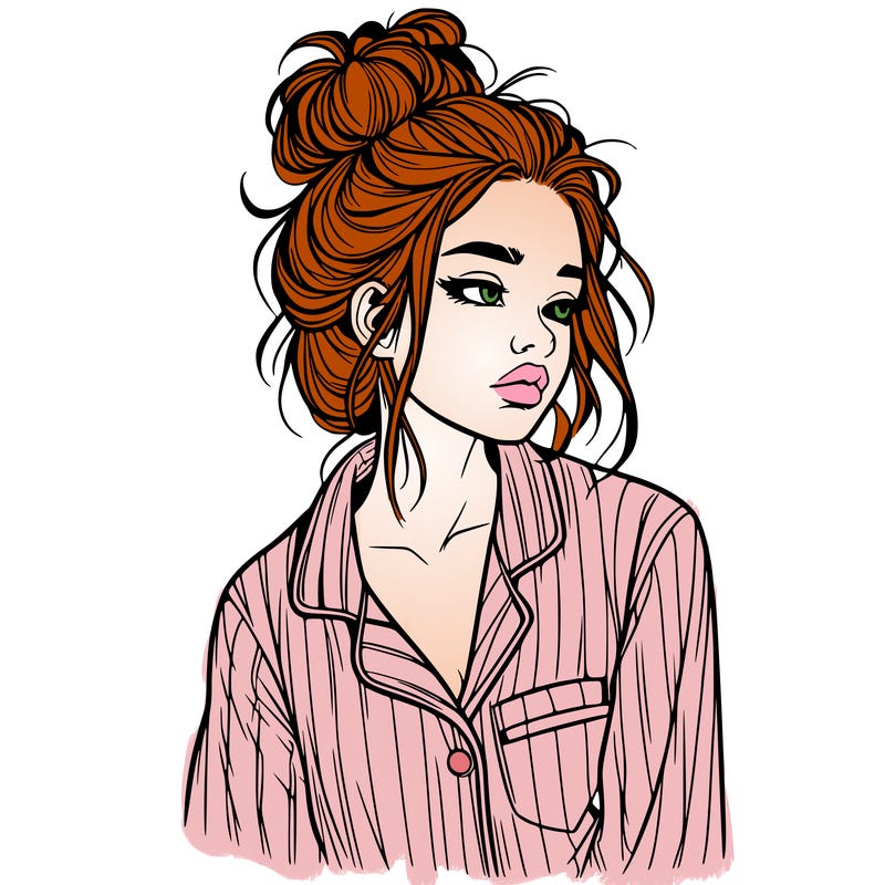 realistic woman with pajamas on and a messy bun