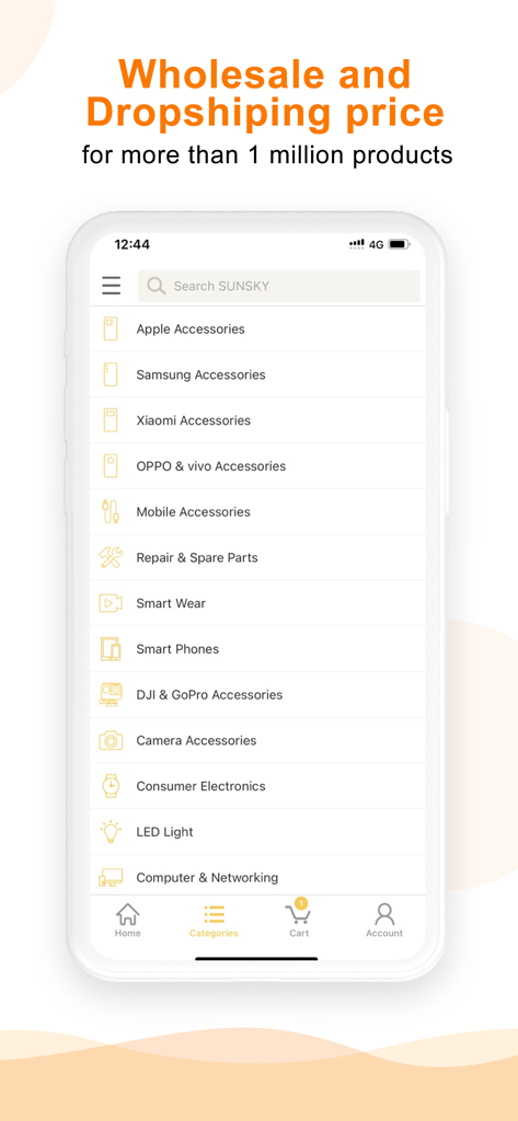 SUNSKY - Wholesale & Dropship - Product categories list on the Sunsky wholesale and dropshipping mobile app.