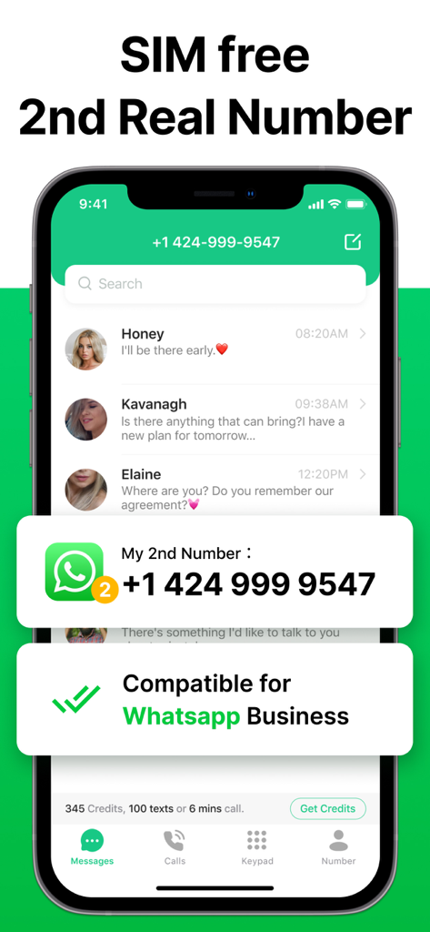 Second Number ® - Second Number app interface displaying WhatsApp Business compatibility and messaging.
