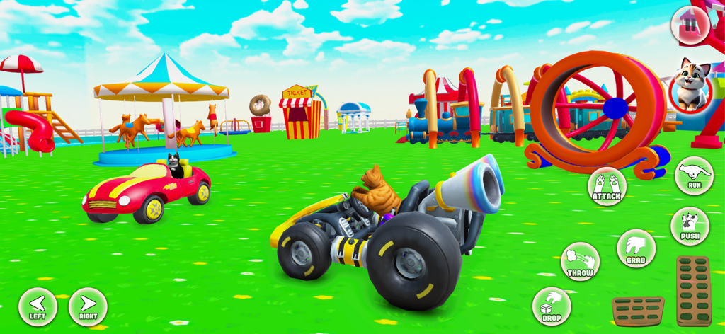 Annoying Pet Game 3D - Un gato pelirrojo conduciendo un kart en un colorido entorno de parque de atracciones 3D dentro del juego